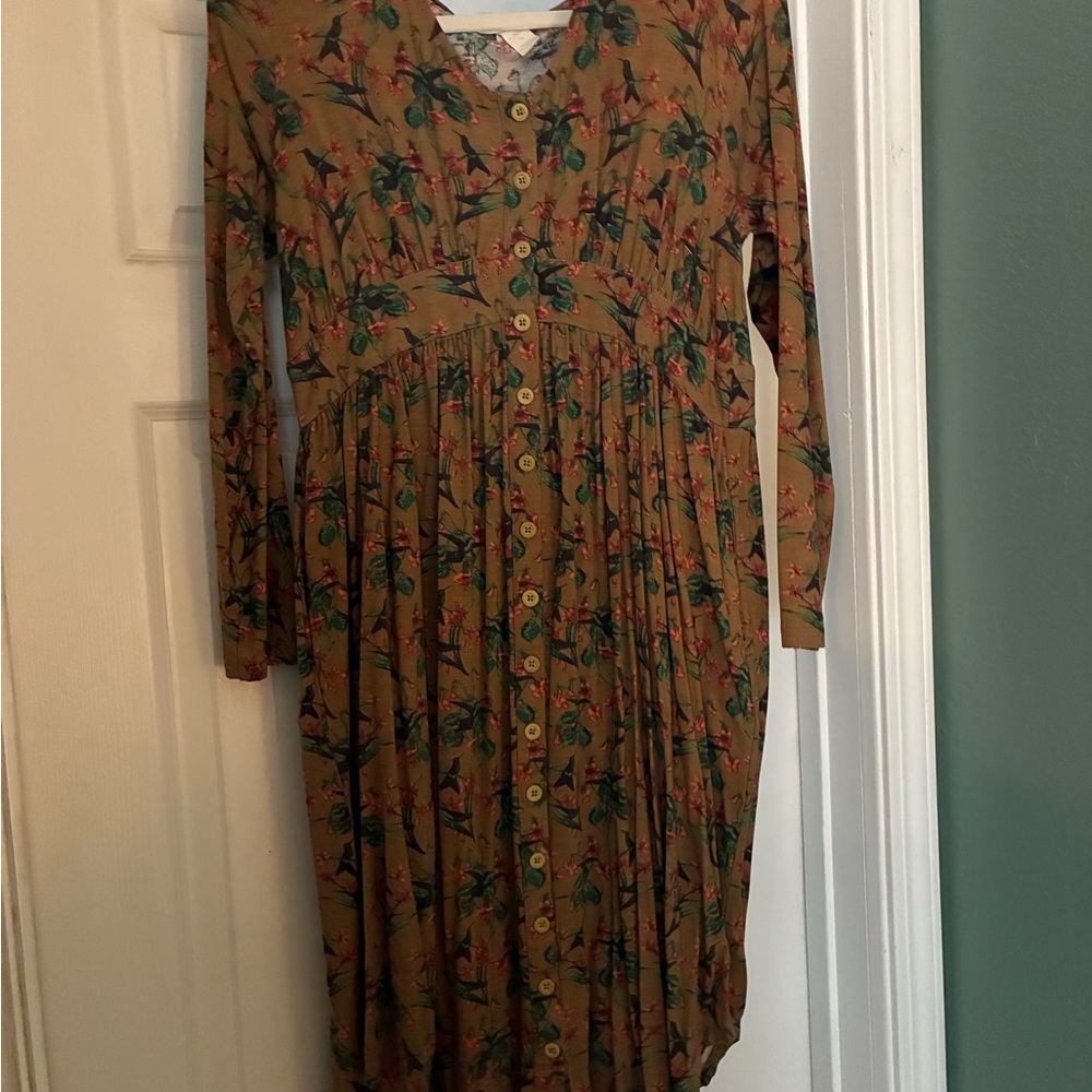 Kate Quinn Organics The Woods - Hummingbirds Long Sleeve Midi Dress Size Small